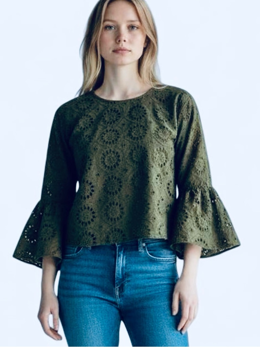 New York & Co. Women’s Olive Circular Eyelet Embroidered Bell Sleeves Top. XS